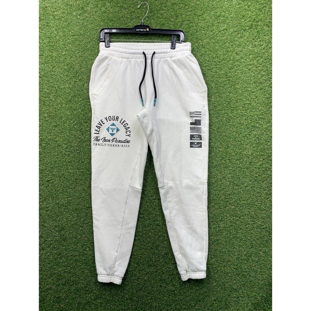 Under Armour Project Rock Sweatpants Mens Small Stretch White Terry Gym Tapered